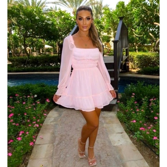 Shirred Long Balloon Sleeve Square Neck Mini Dress - Picture 2 of 7